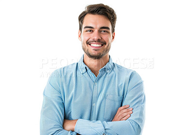 Buy stock photo Studio, smile and portrait of businessman with arms crossed for confidence, pride and administration. Happy, face and professional person with job for corporate, company or career on white background