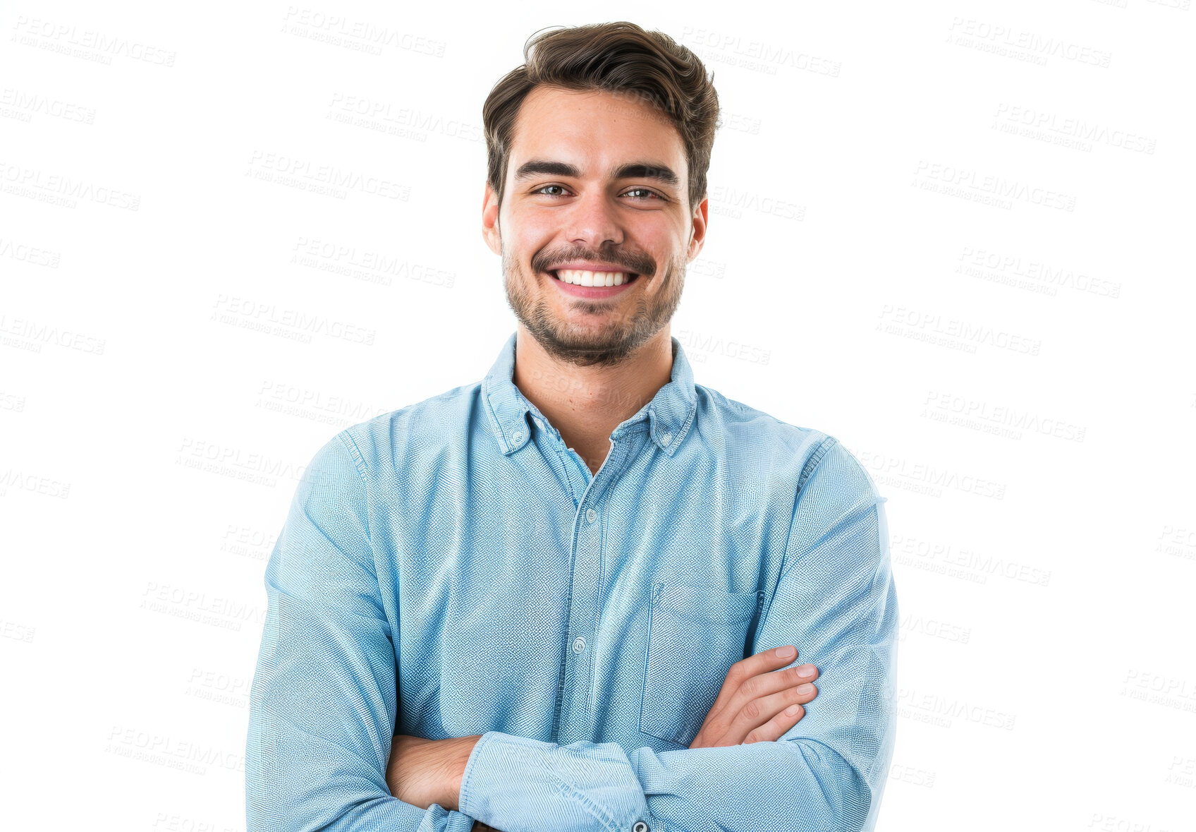 Buy stock photo Studio, smile and portrait of businessman with arms crossed for confidence, pride and administration. Happy, face and professional person with job for corporate, company or career on white background