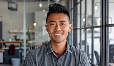 Asian man, portrait and confident employee in office, lawyer and attorney pride at law firm. Happy male person, entrepreneur and workplace for professional, startup company and career opportunity