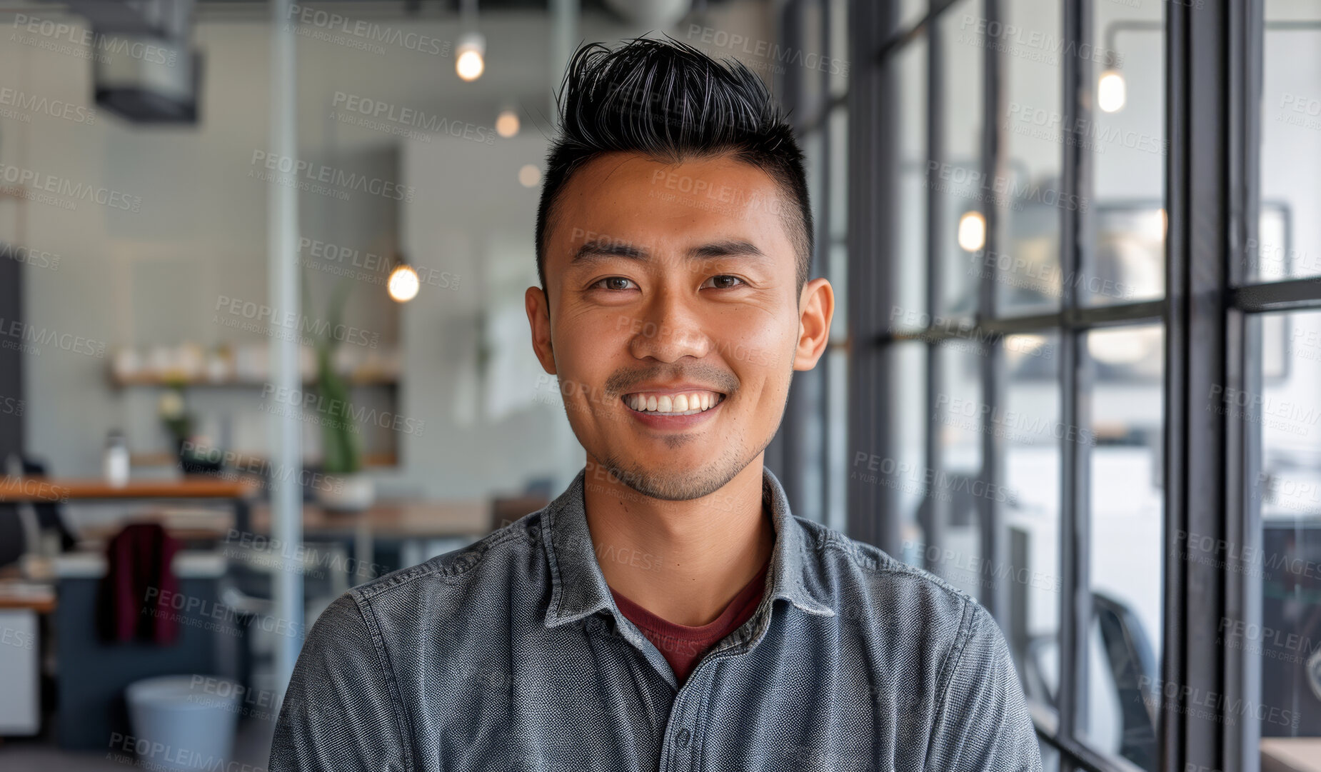 Buy stock photo Asian man, portrait and confident employee in office, lawyer and attorney pride at law firm. Happy male person, entrepreneur and workplace for professional, startup company and career opportunity