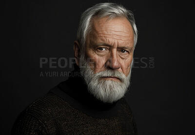 Buy stock photo Mature man, studio and portrait with confidence, beard and corporate consultant isolated on grey background. CEO, mockup and company executive with professional ambition, management for businessman