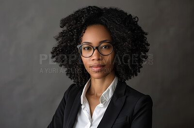 Court, portrait and black woman lawyer in glasses on studio gray background for case or trial. Confident, law firm or mission with serious attorney in suit for council, law or legal representation