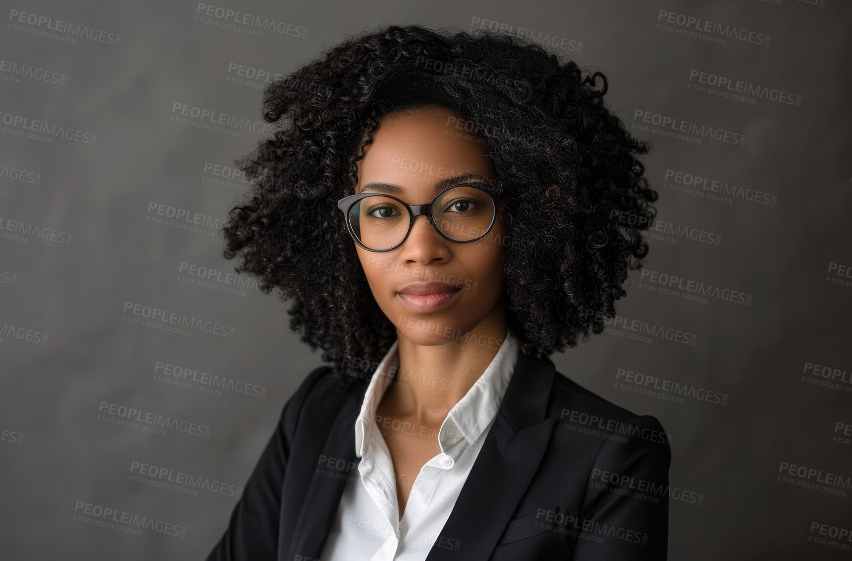 Buy stock photo Court, portrait and black woman lawyer in glasses on studio gray background for case or trial. Confident, law firm or mission with serious attorney in suit for council, law or legal representation