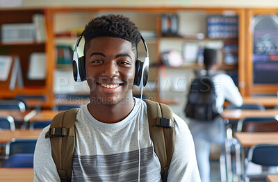 Student, headphones and portrait of black man, campus or university with smile. Face, class or lecture for walk in corridor for education and college, listen and music or audio for podcast and learn