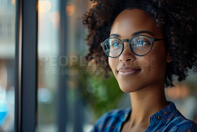 Thinking, window and business woman in office with glasses for ideas, reflection or memory. Smile, planning and African female creative designer brainstorming for project by glass in workplace.