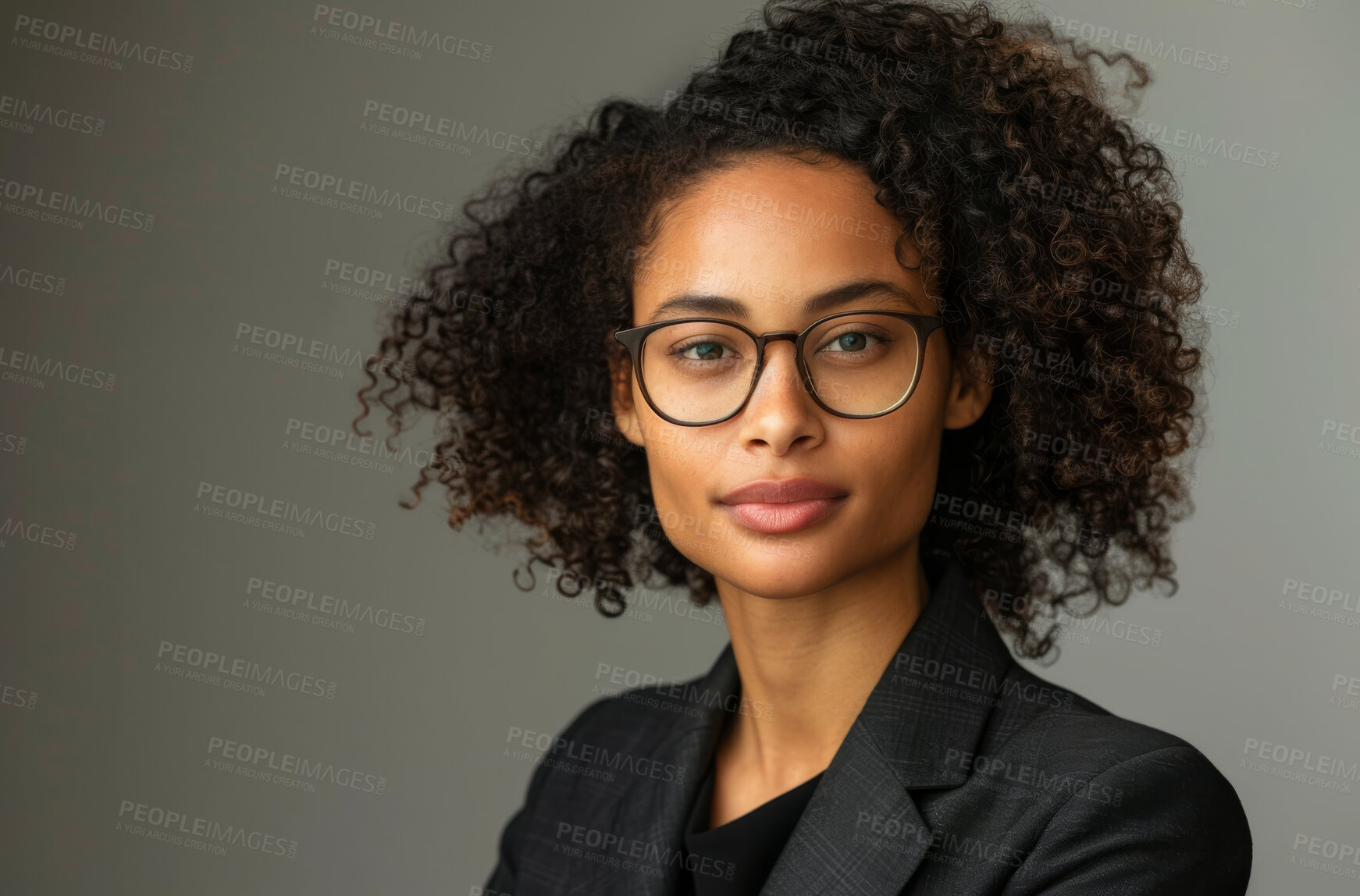 Buy stock photo Confident, portrait and black woman lawyer in glasses on studio gray background for case or trial. Court, law firm or mission with serious attorney in suit for council, law or legal representation