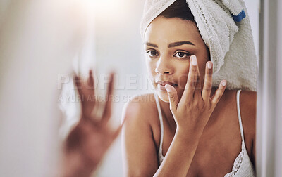 Buy stock photo Mirror, bathroom and woman with skincare, cosmetics and dermatology with morning routine. Home, reflection and person with towel, grooming and natural treatment for acne, clear skin and remove pimple