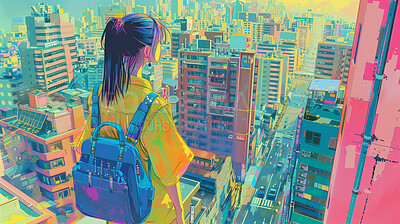 City, landscape and anime with girl for art, child and travel in Japan painting for graphic wallpaper. Urban, illustration and kid on roof top, buildings and student thinking or wondering and growth