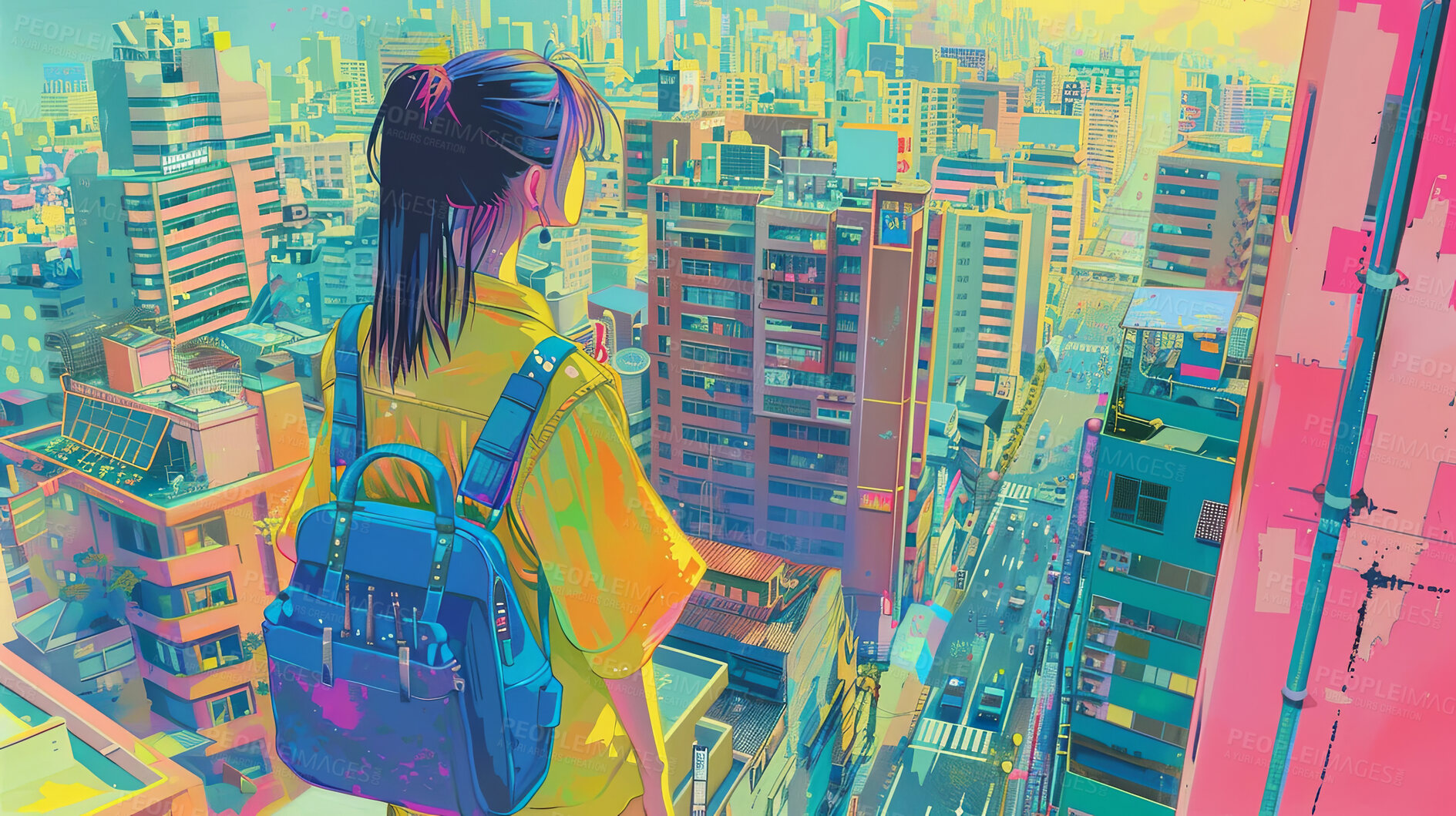 Buy stock photo City, landscape and anime with girl for art, child and travel in Japan painting for graphic wallpaper. Urban, illustration and kid on roof top, buildings and student thinking or wondering and growth