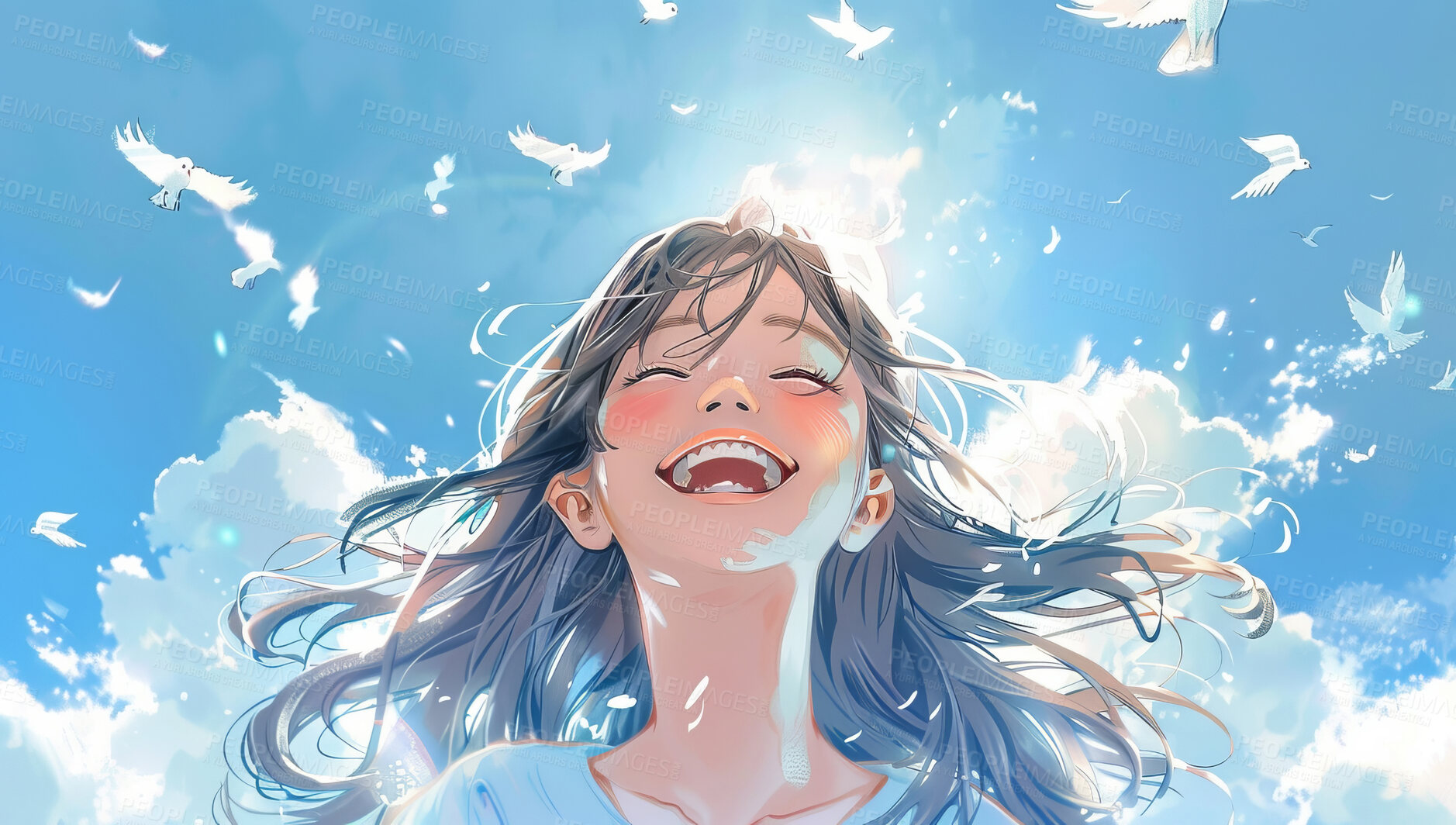 Buy stock photo Illustration, funny and girl outdoor with blue sky, clouds and nature on a wallpaper background. Happy teen, excited face or laughing for comedy with art, birds or anime painting with color in summer