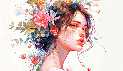 Illustration, paint and girl with flowers for art and anime drawing or painting for wallpaper or background. Woman, nature and floral for beauty or creative, artistic and watercolor craft in studio.