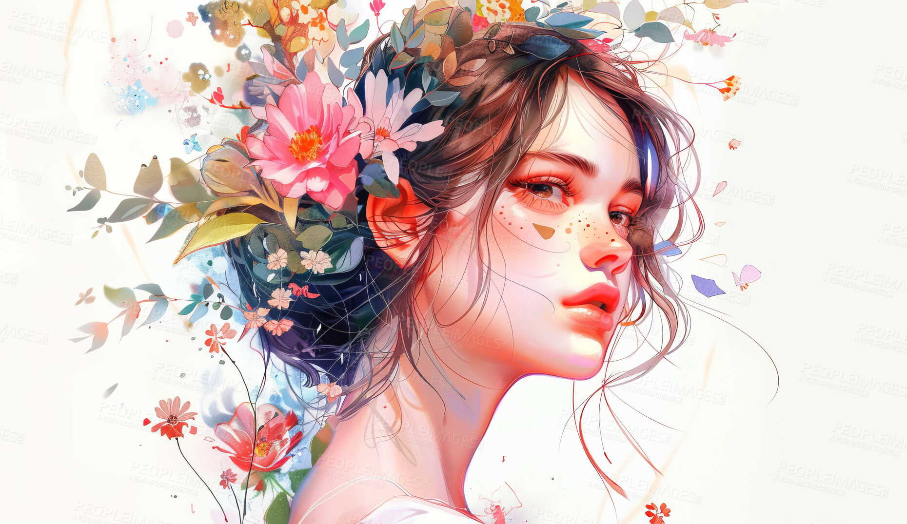 Buy stock photo Illustration, paint and girl with flowers for art and anime drawing or abstract for wallpaper or background. Woman, nature and floral for beauty or creative, artistic and watercolor craft in studio.