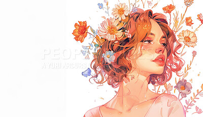 Illustration, paint and woman with flowers for art and anime drawing or painting for wallpaper or background. Girl, nature and floral for beauty or creative, artistic and watercolor craft in studio.
