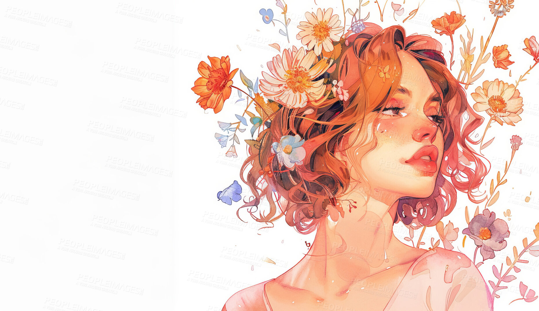 Buy stock photo Illustration, paint and woman with flowers for art and anime drawing or mockup for wallpaper or background. Girl, nature and floral for beauty or creative, artistic and watercolor craft in studio.