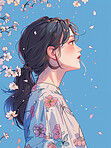 Art, anime and Japanese girl with flower in nature for graphic wallpaper, painting and abstract. Animation, woman and thinking by tree with kimono for traditional illustration, design and artwork