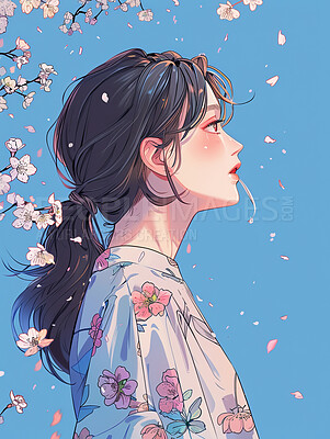 Art, anime and Japanese girl with flower in nature for graphic wallpaper, painting and abstract. Animation, woman and thinking by tree with kimono for traditional illustration, design and artwork