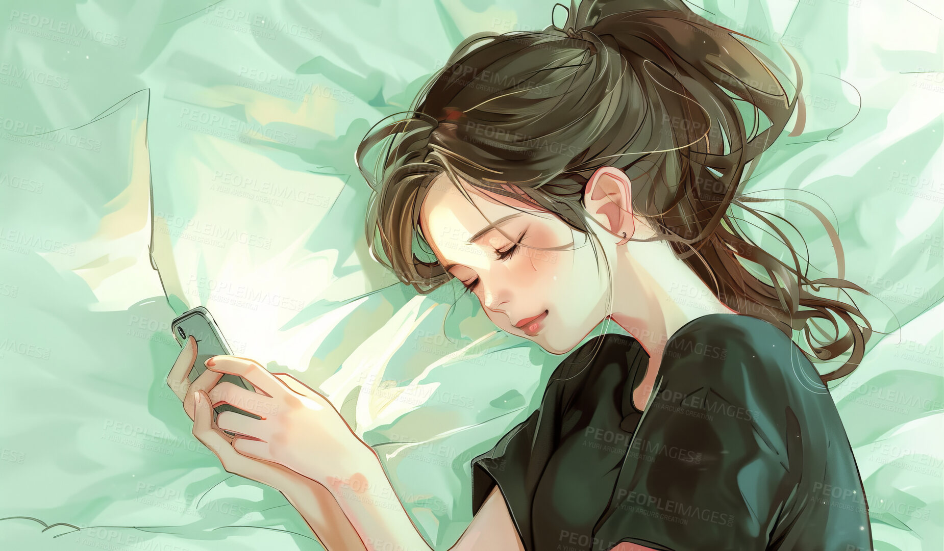 Buy stock photo Painting, art and sleeping of girl, fantasy and phone with character, creative and peace on face. Tired, teenager and anime of kid, mobile and relax in artwork, illustration and rest for dream