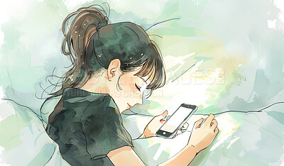 Painting, art and sleeping of girl, illustration and phone with character, creative and peace on face. Tired, teenager and anime of kid, mobile and relax in artwork, fantasy and rest for dream