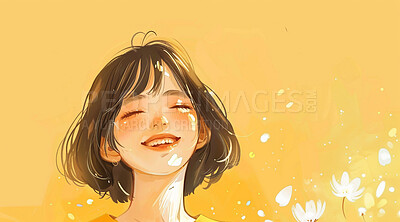 Anime illustration, relax and woman with yellow art for paint, peace or wallpaper. Creative, happy or smile and person outdoor with flowers on color background for summer calm, serenity or zen