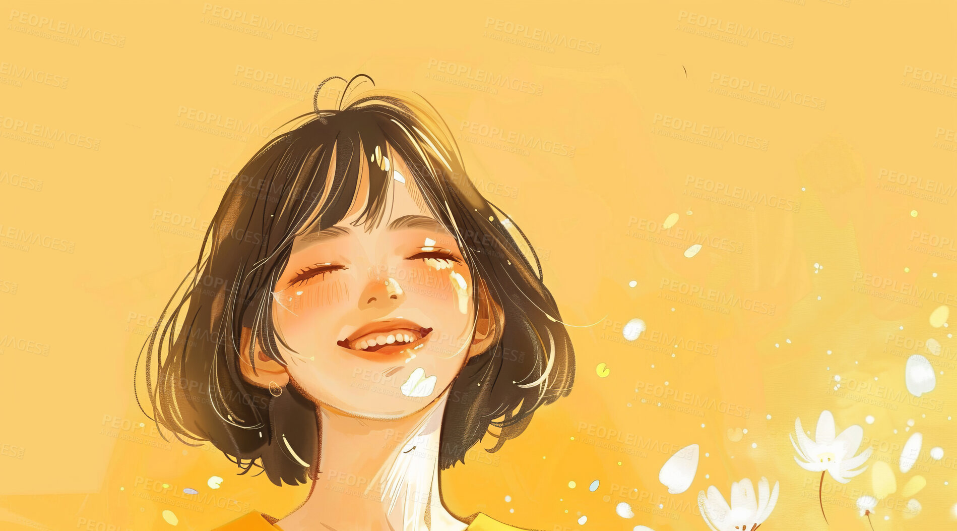Buy stock photo Anime illustration, relax and woman with yellow art for paint, peace or wallpaper. Creative, happy or smile and person outdoor with flowers on color background for summer calm, serenity or zen