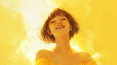 Anime illustration, relax and woman with yellow art background for paint, peace or wallpaper. Creative, happy or smile and person outdoor with clouds in bright sky for summer calm, serenity or zen
