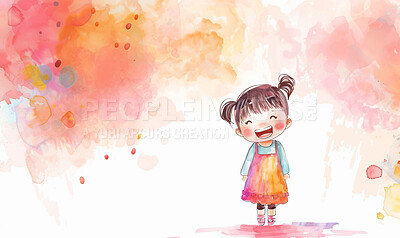 Illustration, anime and girl with smile in portrait with mockup for wallpaper with happy in colorful background. Animated cartoon, Japanese and child development with cute, art and paint with kid