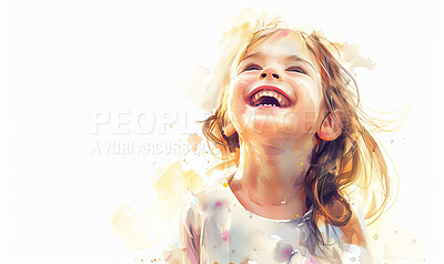 Watercolor, illustration and child laughing as artistic painting with white background, mockup space or creativity. Girl, smile and funny joke with humor as wallpaper with drawing, craft or studio
