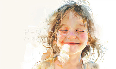Watercolor, painting and child illustration or happy as digital drawing with white background, artistic or youth. Girl, smile and relax or creativity with good mood or mockup space, design or joyful