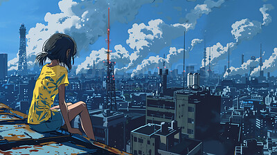 Rooftop, city and cartoon of woman with view of buildings for wallpaper, design or background. Art, animation and back of female person in urban town with factory for abstract design in Hong Kong.