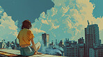 Rooftop, city and cartoon of woman with buildings for view with wallpaper, design or background. Art, animation and back of female person on terrace in urban town for abstract design in Hong Kong.