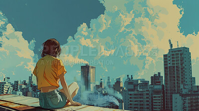 Rooftop, city and cartoon of woman with buildings for view with wallpaper, design or background. Art, animation and back of female person on terrace in urban town for abstract design in Hong Kong.
