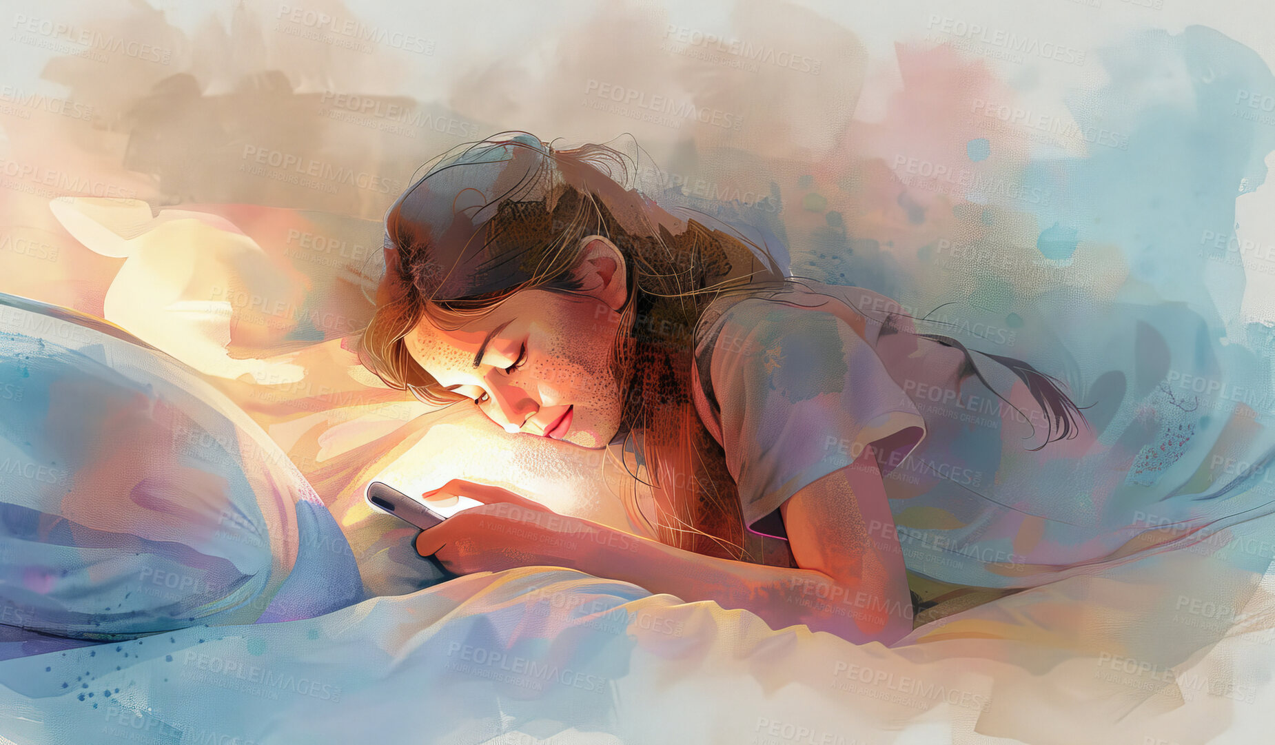 Buy stock photo Watercolor, night and teenager in bed with phone, scroll on social media or online chat with art wallpaper. Drawing, illustration or creative painting with tired girl in bedroom checking mobile app.