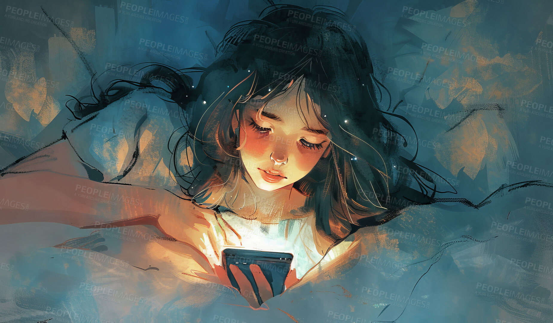 Buy stock photo Watercolor, night and teen in bed with phone, scroll on social media or online chat with art wallpaper. Drawing, illustration or creative painting with tired girl in dark bedroom checking mobile app.