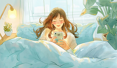 Girl, anime and bedroom with phone for relax or search, communication or browsing with social media. Female child, mobile and animation in home with happiness or website, video call with technology