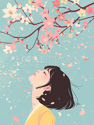 Graphic, anime and woman with tree in illustration for wallpaper, painting and creative design. Sakura, female person and smile with thinking for peace, hanami abstract and animation in nature