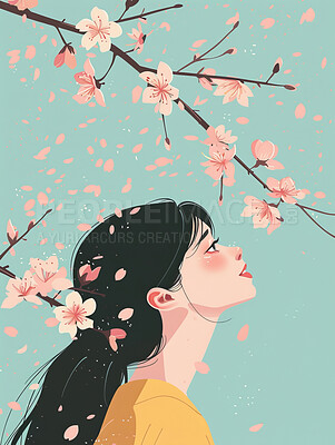 Graphic, anime and girl with tree in illustration for painting, wallpaper or creative abstract in nature. Sakura, female person and thinking with smile for peace, hanami design and animation in Japan