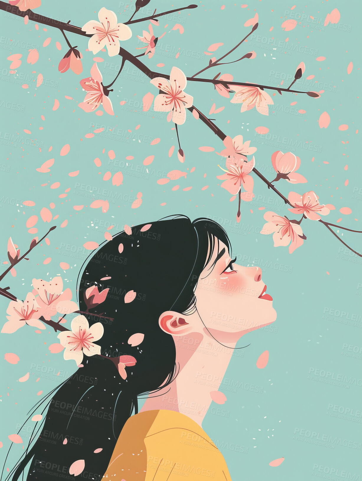 Buy stock photo Graphic, anime and girl with tree in illustration for painting, wallpaper or creative abstract in nature. Sakura, female person and thinking with smile for peace, hanami design and animation in Japan