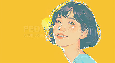 Anime, art and painting of girl for wallpaper, sketch and creative design with yellow background. Abstract, watercolor or doodle portrait of young woman on graphic aesthetic of cartoon or drawing