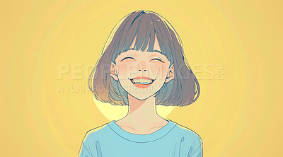 Anime, art and painting of girl for illustration, sketch and creative design with yellow background. Abstract, watercolor or wallpaper of young woman on graphic aesthetic of cartoon or drawing