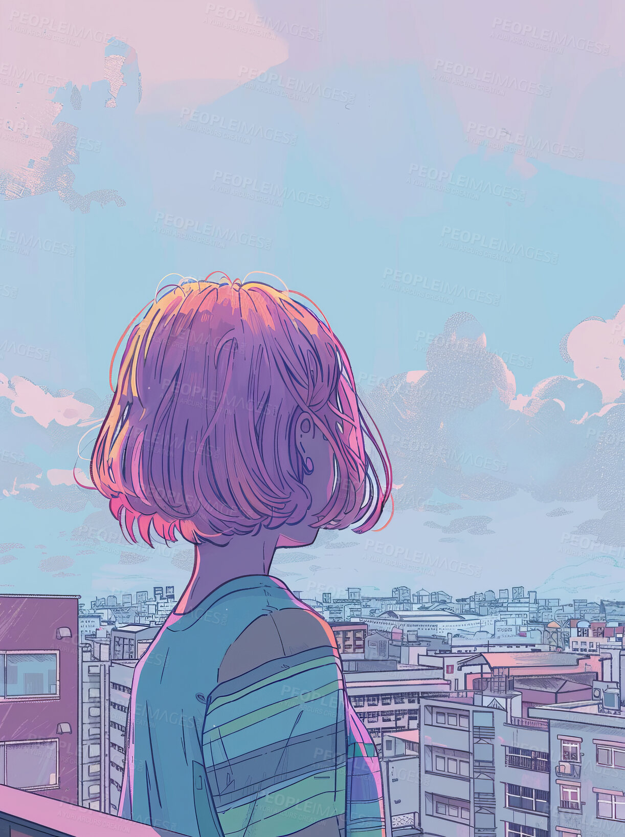 Buy stock photo Thinking, sky and city with anime woman for Japanese art, drawing or illustration for artistic creation. Girl, thoughts and memory outdoor with abstract design or animation for cartoon wallpaper.