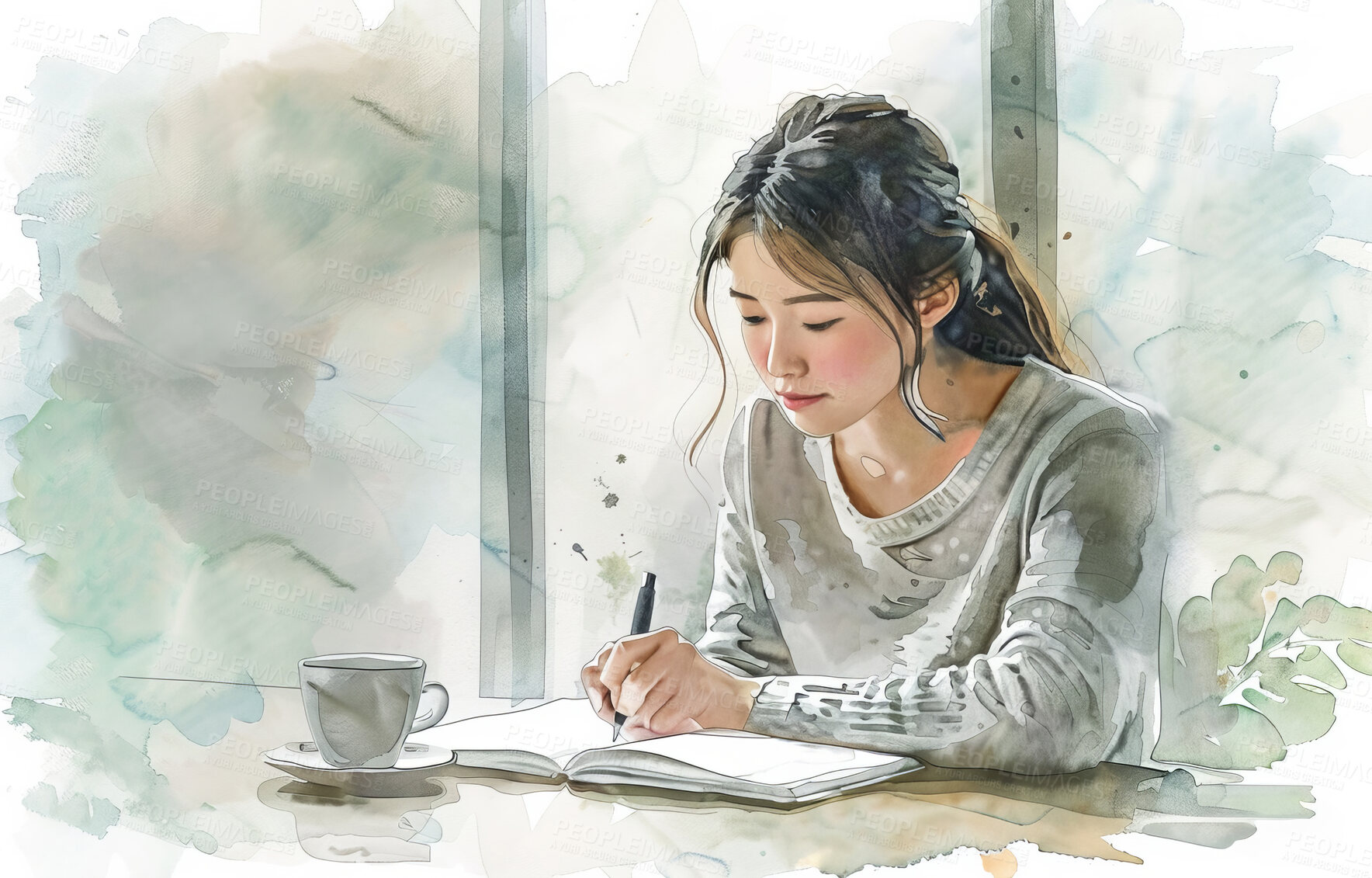 Buy stock photo Woman, notebook and watercolor illustration or drawing of morning reading as wallpaper, background or writing. Female person, pen and studying artist with tea cup for digital, painting or learning