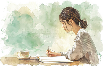 Woman, writing and watercolor illustration for creative design as wallpaper background, journal or notebook. Female person, planning or studying with tea cup as artistic drawing, painting or calm