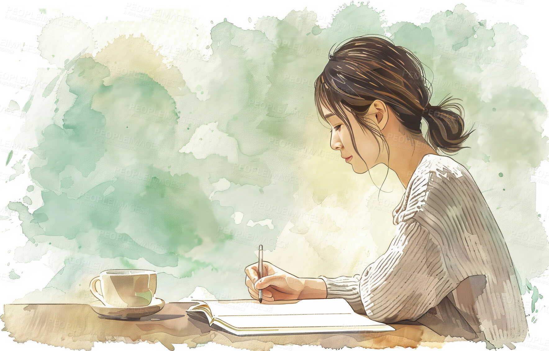 Buy stock photo Woman, writing and watercolor illustration for creative design as wallpaper background, journal or notebook. Female person, planning or studying with tea cup as artistic drawing,  painting or calm
