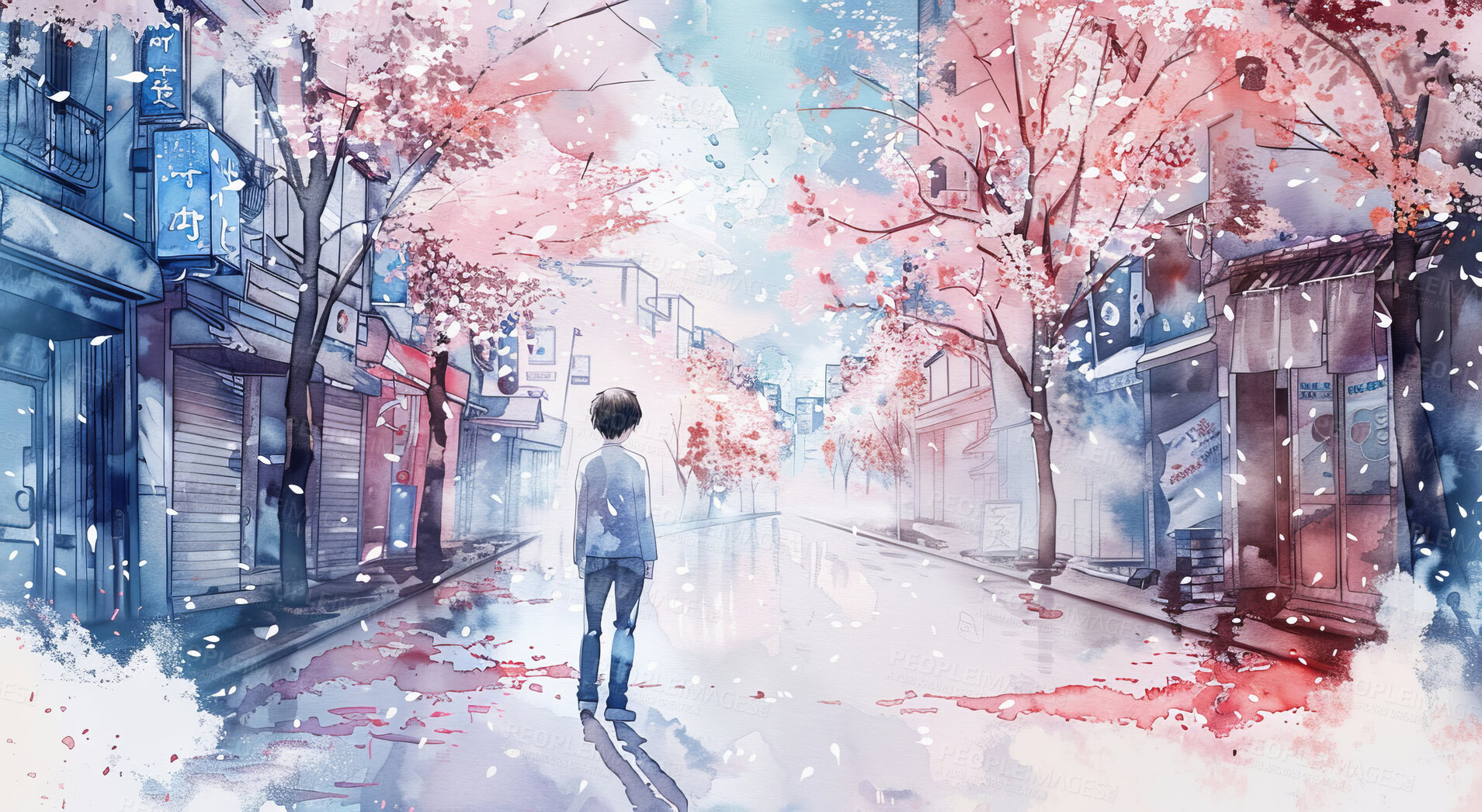 Buy stock photo City, art and illustration with person or watercolor artwork as wallpaper background, anime or trees. Back, street and winter snow in Kyoto or pedestrian exploring or travel journey, commute or craft