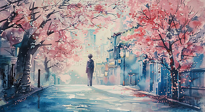 Watercolor, illustration and person in city or trees as creative design or wallpaper, artistic or craft. Downtown, commute and nature drawing or traveling in New York as painting, road or pedestrian