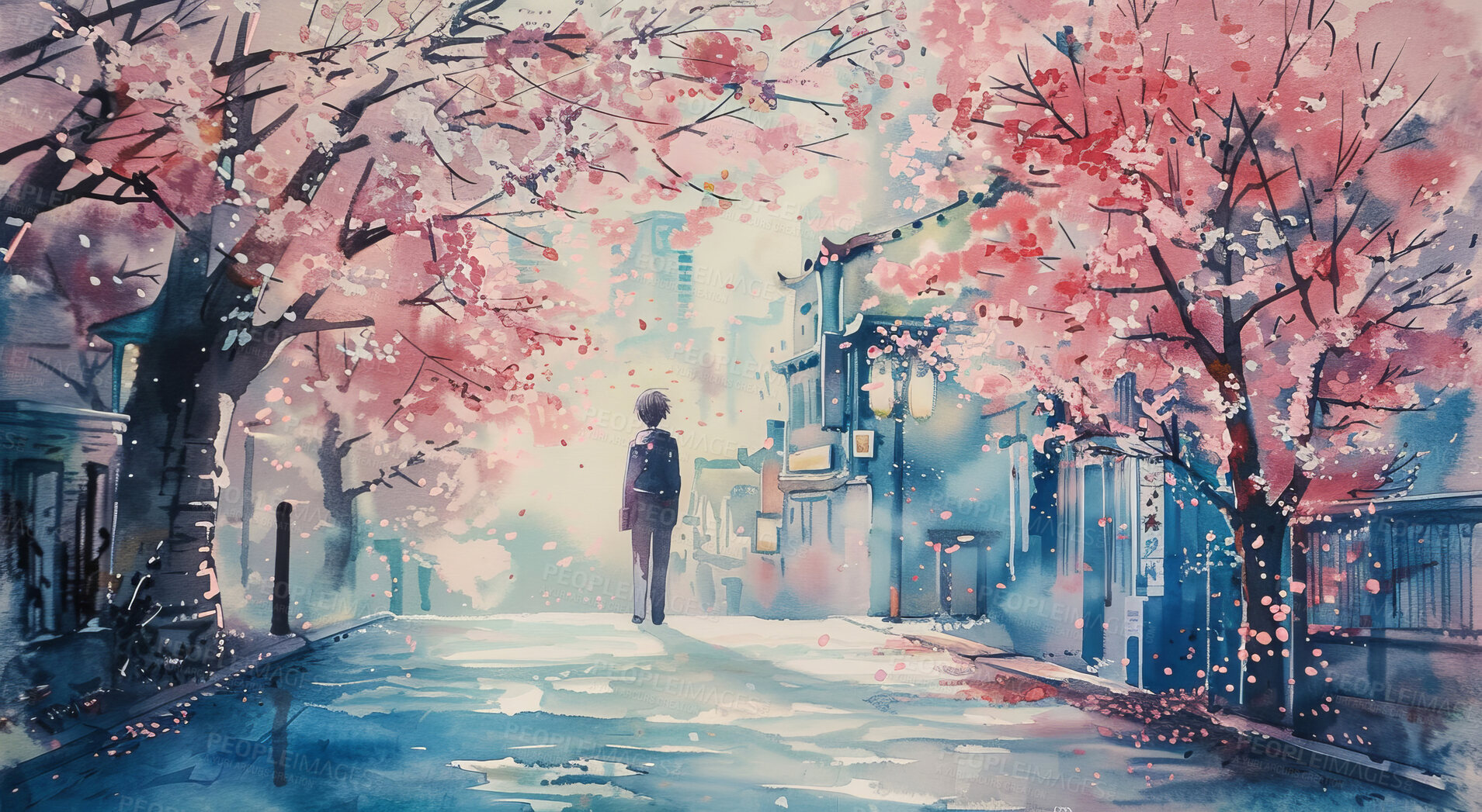 Buy stock photo Watercolor, illustration and person in city or trees as creative design or wallpaper, artistic or craft. Downtown, commute and nature drawing or traveling in New York as painting, road or pedestrian