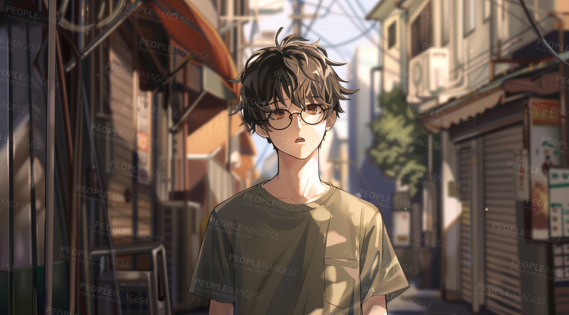 Buy stock photo Art, anime and boy in city, outdoor and illustration of paint, Japan and creative with drawing. Graphic, architecture and character of kid, confused and wonder on face, portrait and sun on design