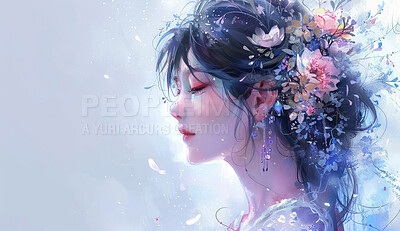 Illustration, abstract and woman with flowers for art and anime drawing or painting for wallpaper or background. Girl, nature and floral for beauty or creative, artistic and watercolor craft.