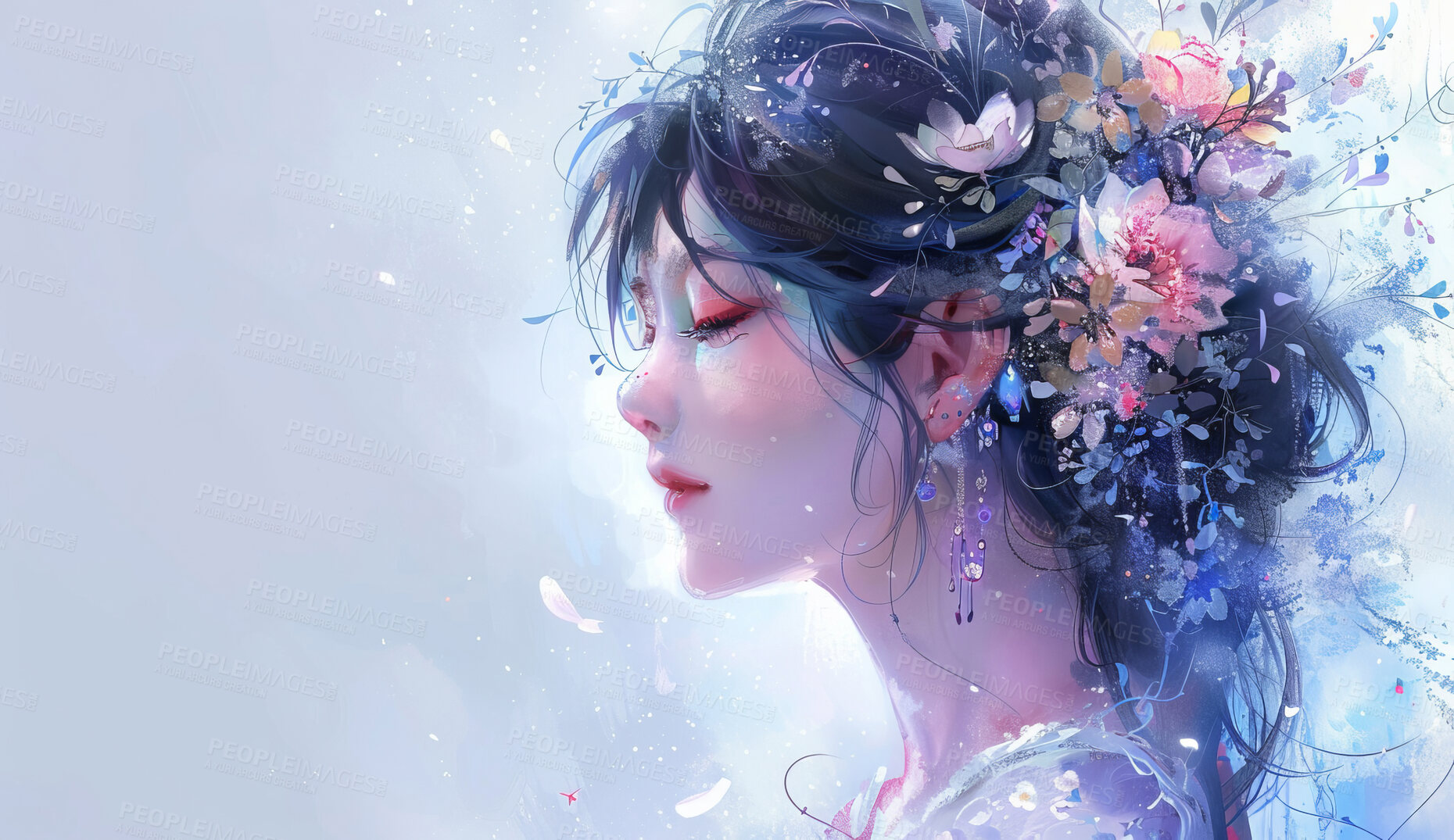 Buy stock photo Illustration, abstract and woman with flowers for art and anime drawing or painting for wallpaper or background. Girl, nature and floral for beauty or creative, artistic and watercolor craft.
