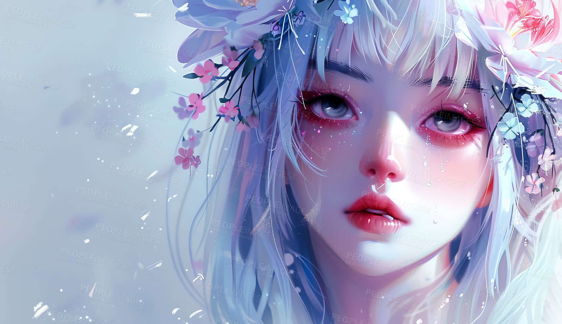 Buy stock photo Illustration, portrait and girl with flowers for anime and art drawing or painting for wallpaper or background. Design, nature and floral for beauty or creative, artistic and abstract cartoon.